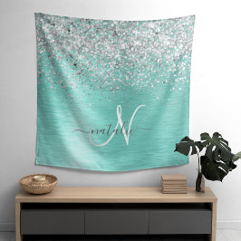 Tapete De Parede Teal Brugado Metal Silver Glitter Nome Monograma
