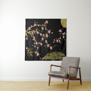 Tapete De Parede Tela Japonesa Rosa Sakura Dourado Preto