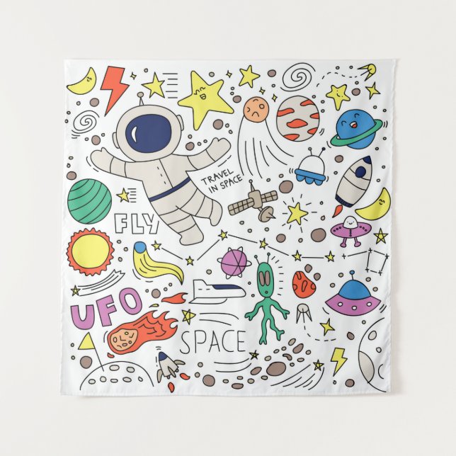 Tapete De Parede Tema espacial na ilustração do estilo de rabisco (Frente)