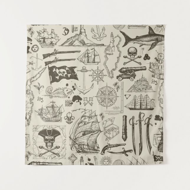 Tapete De Parede Tema pirata: padrão náutico vintage. (Frente)