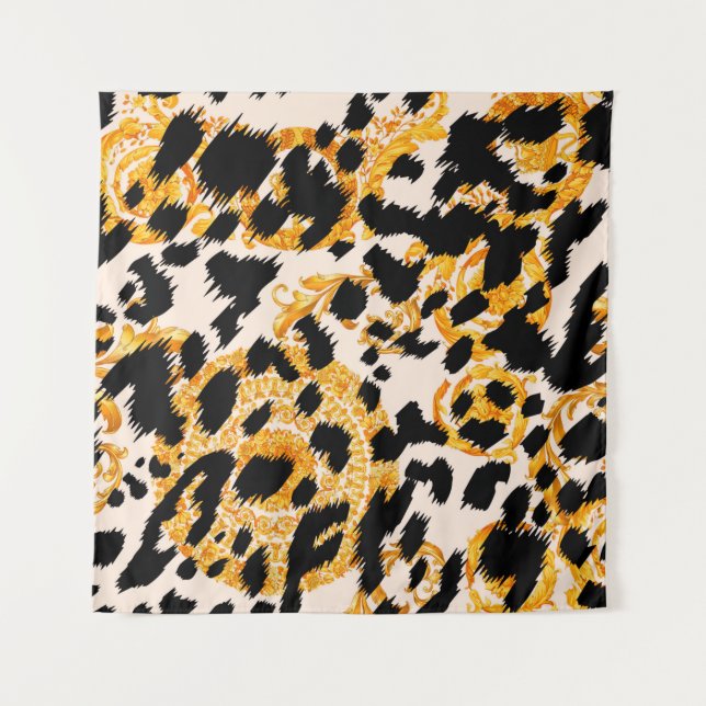 Tapete De Parede Textura leopardo com padrão barroco-ouro (Frente)