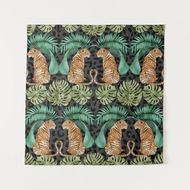 Tapete De Parede Tiger Leaves: Selva De Aquarela Sem Costura. (Frente)