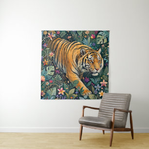 Tapete De Parede Tigre com Olhos Âmbar Folhagem da Selva Fantasia
