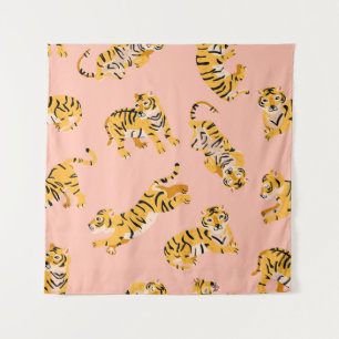 Tapete De Parede Tigres de desenho animado, padrão de vinheta rosa.