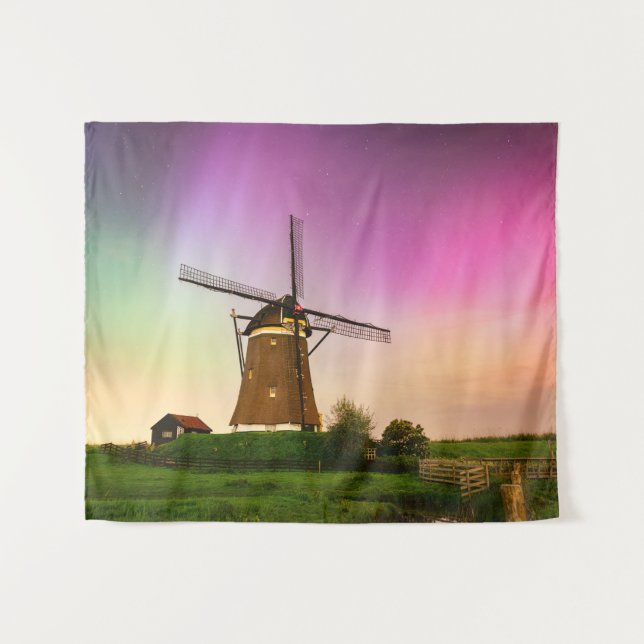 Tapete De Parede Traditional windmill under the Northern Lights (Frente (Horizontal))