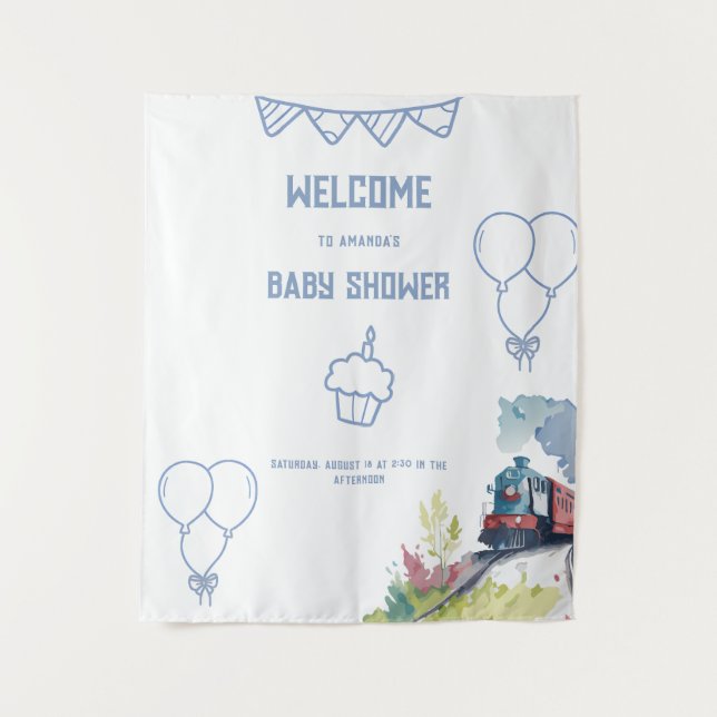 Tapete De Parede Trem Balões Azuis Menino Aniversário Temático Bebê (Frente)