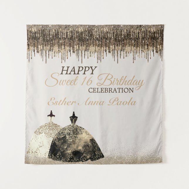 Tapete De Parede Trendy Dourado Brown Drips Ballgown Doce 16 Aniver (Frente)