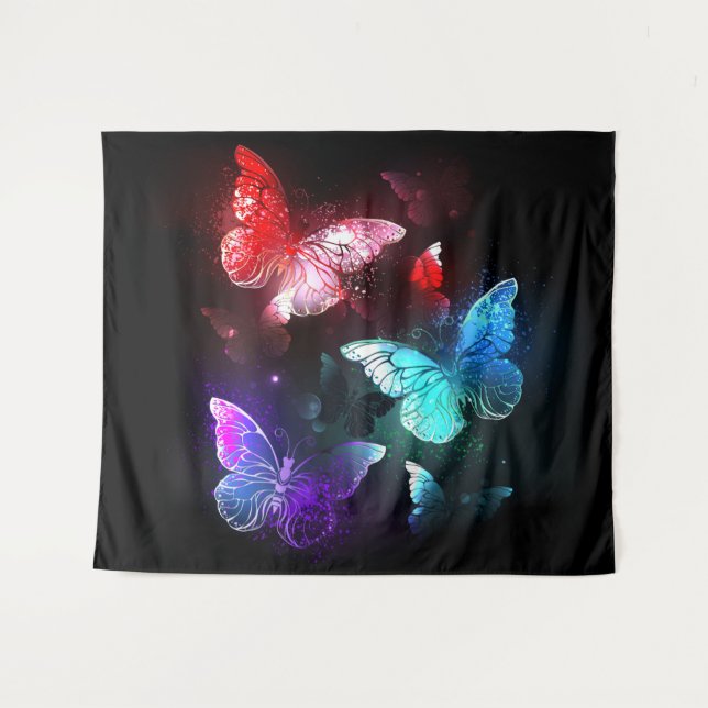 Tapete De Parede Três Borboletas brilhantes sobre o fundo noturno (Frente (Horizontal))