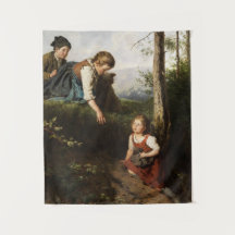 Três Crianças Escolhendo Cerejas Selvagens na Flor