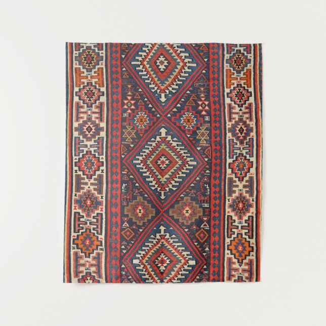 Tapete De Parede Turquia Kilim Aztec Vermelho Azul Tan  (Frente)