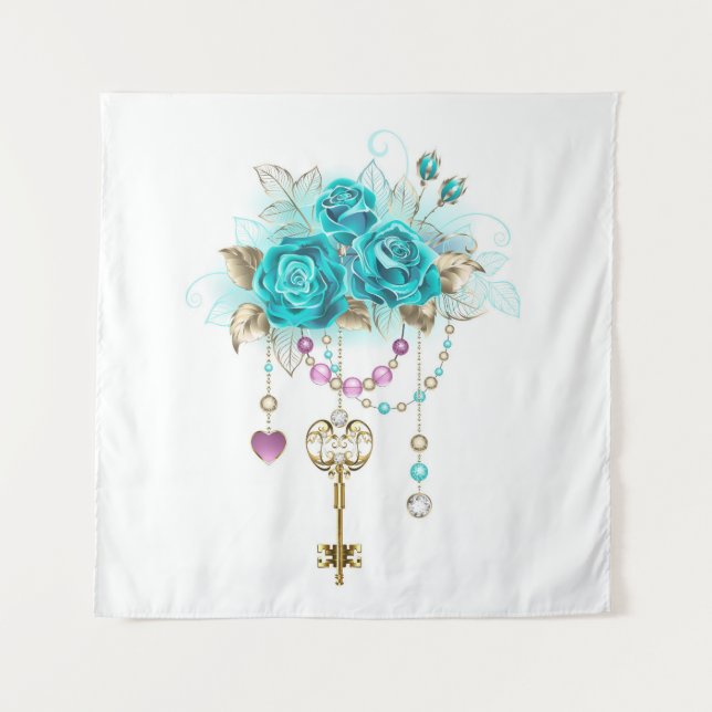 Tapete De Parede Turquoise Roses with Keys (Frente)