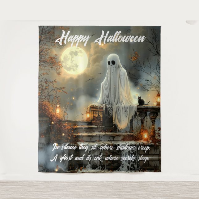 Tapete De Parede Um fantasma e seu gato Dia das Bruxas (Frente)