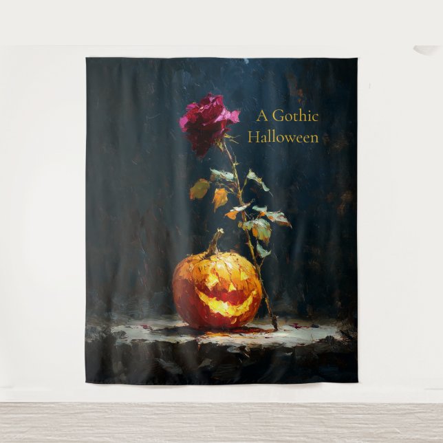Tapete De Parede Uma Abóbora e Rosa de Halloween Gótica (Frente)