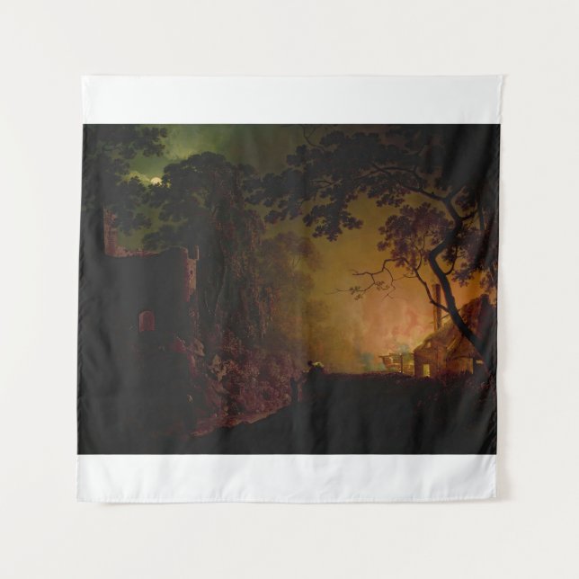 Tapete De Parede Uma cabana em chamas à noite Joseph Wright de Derb (Frente)