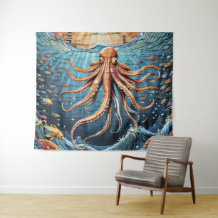 Tapete De Parede Uma lula gigante na arte da ilustração das ondas d