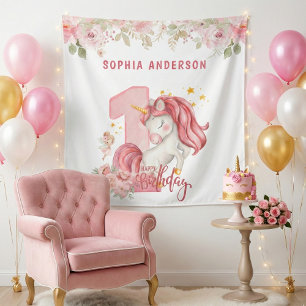 Tapete De Parede Unicórnio 1º Aniversário Menina Rosa