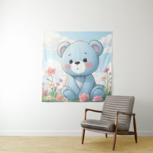Tapete De Parede Ursa de pelúcia azul fofa no jardim