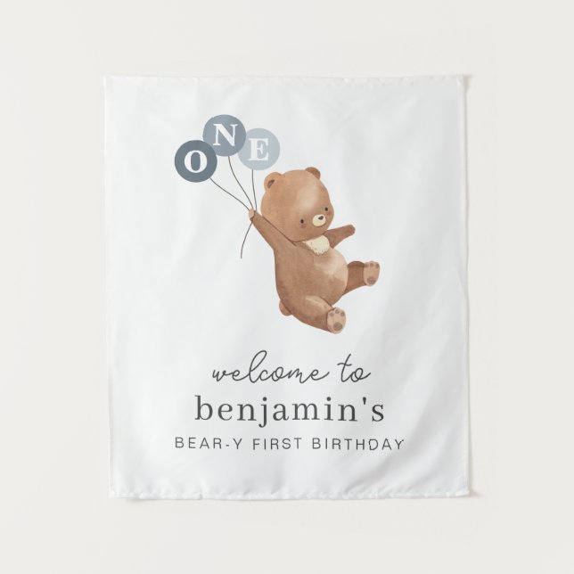 Tapete De Parede Urso com Placa de Boas-Vindas de 3 Balões Azuis (Frente)