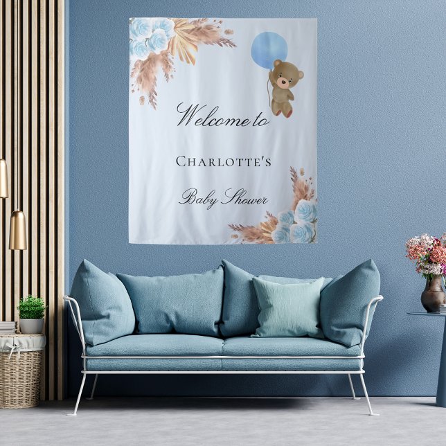 Tapete De Parede Urso de chuveiro de bebê menino azul grama das pam (Criador carregado)