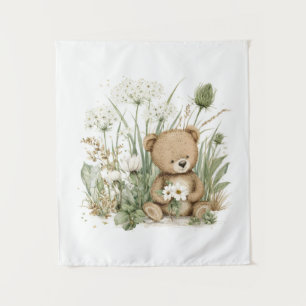 Tapete De Parede Urso de pelúcia em aquarela com flores silvestres