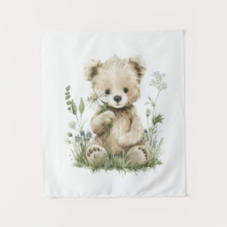 Tapete De Parede Urso de pelúcia em aquarela com flores silvestres