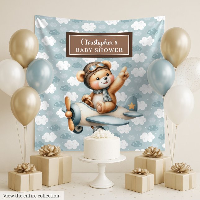 Tapete De Parede Urso de pelúcia piloto brincalhão adereço para fot (Playful teddy bear pilot baby shower photo prop Tapestry)