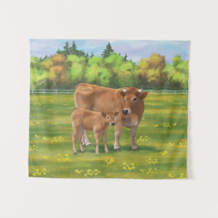 Tapete De Parede Vaca Aubrac e Vitelo Fresco na Pastagem Primavera