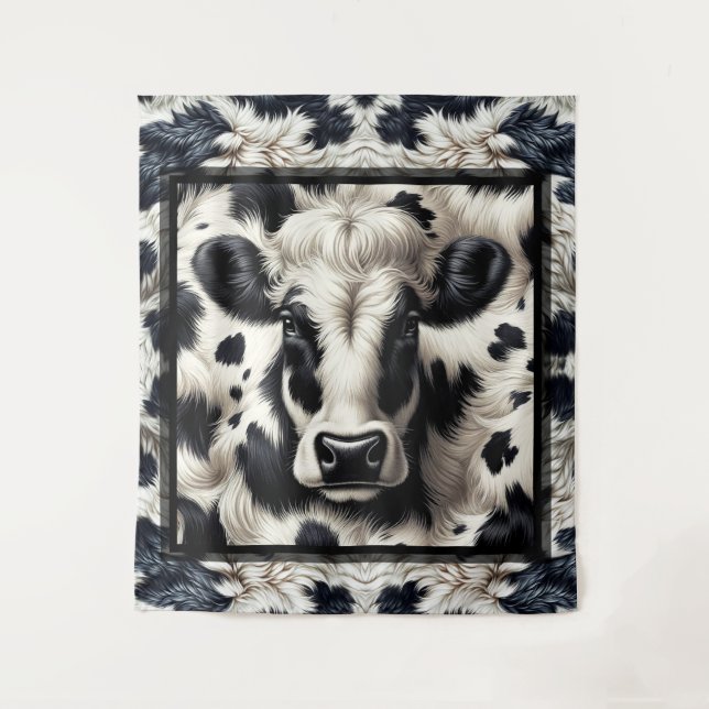 Tapete De Parede Vaca de couro preto e branco com aparência de pela (Frente)