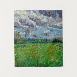 Tapete De Parede Van Gogh Meadow com flores sob um céu tempestuoso