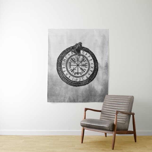 Tapete De Parede Vegvisir com Ouroboros e runes - grayscale (In Situ)