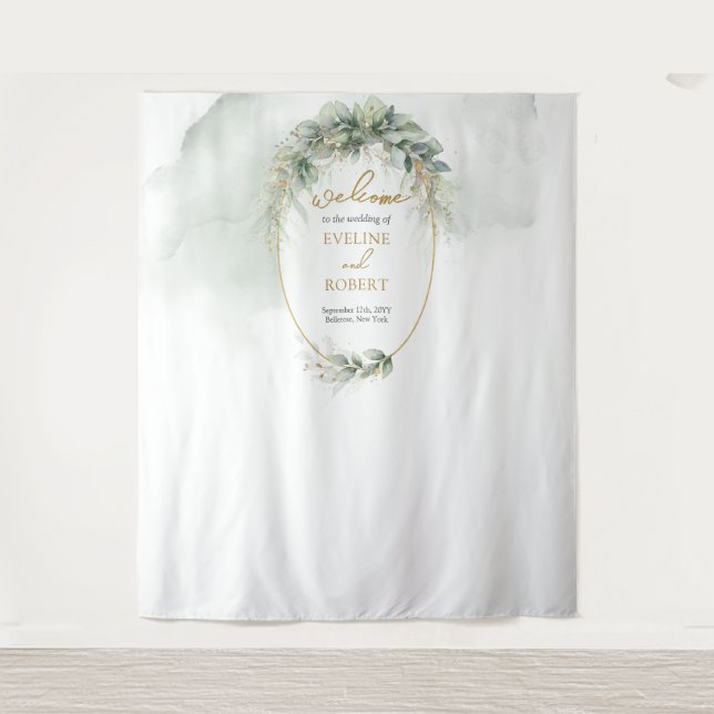 Tapete De Parede Verdura botânica moderna folha de ouro, fundo oval (Frente)