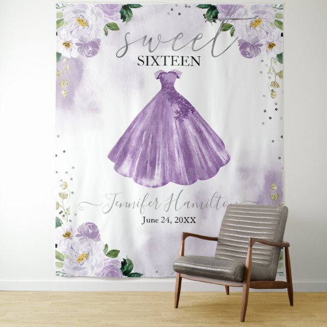 Tapete De Parede Vestido Floral Roxo Fundo Rosa para Sweet 16 (In Situ)