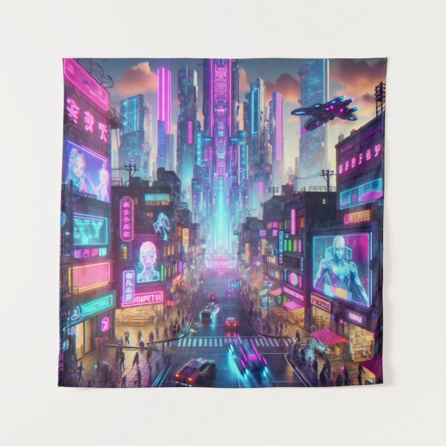 Tapete De Parede Vibrant Neon Cyberpunk Cityscape Fantasy | (Frente)