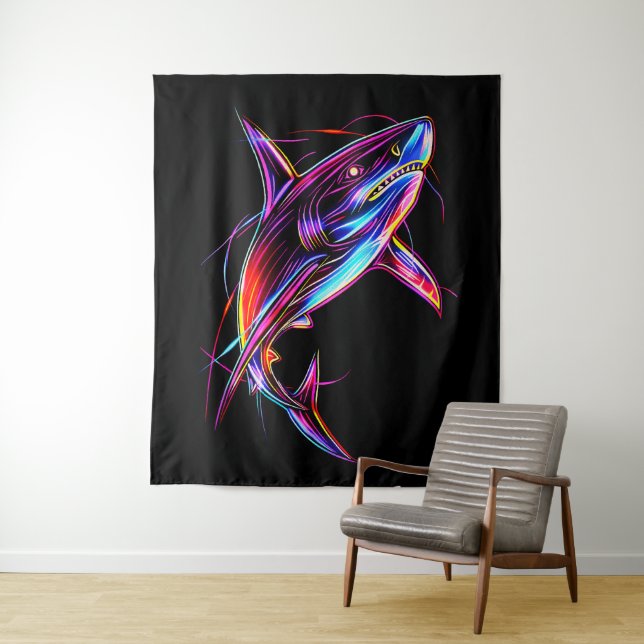 Tapete De Parede Vibrant Neon Shark Modern Digital Ocean (In Situ)