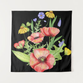 Tapete De Parede "Vibrante Aquarela Flores Selvagens na Canvas Negr