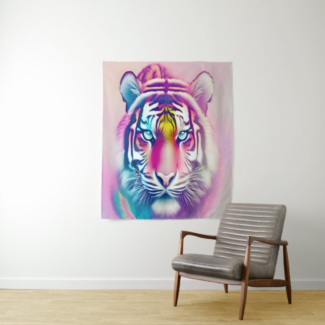 Tapete De Parede Vibrante Tigre Colorido Face Selvagem Moderna Negr (In Situ)