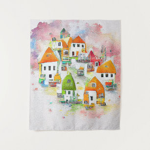 Tapete De Parede Village House Landscape Scenery Nature Watercolor