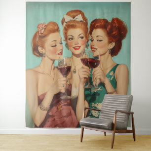 Tapete De Parede Vintage Damas Brincando com Vinho