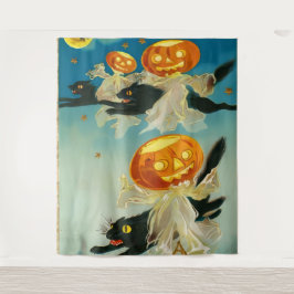 Tapete De Parede Vintage Halloween Pumpkin Fantasmas e Gatos Negros