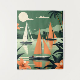Tapete De Parede Vintage Tropical Beach e Sailboat