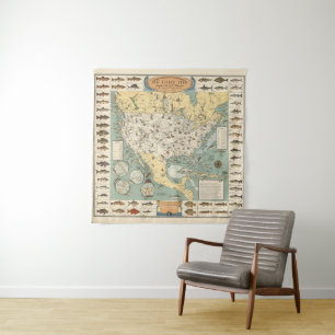 Tapete De Parede Vintage US Fish Map