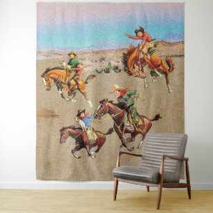 Tapete De Parede Vintage Western Cowboy Kids em Cavalos