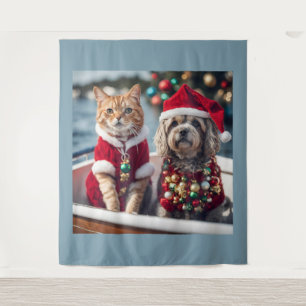 Tapete De Parede Vintagem de Cão e Gato de Natal