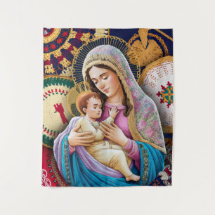 Tapete De Parede Virgem Maria e Jesus bebê nos têxteis bordados