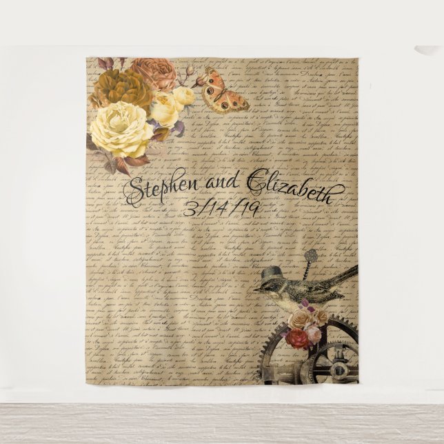 Tapete De Parede Vitoriano Steampunk Casamento Gear Floral (Frente)