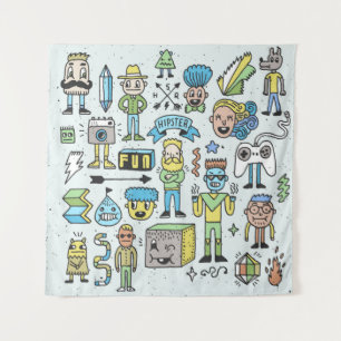 Tapete De Parede Wacky hipsters doodle set 2. Colorful vintage hand