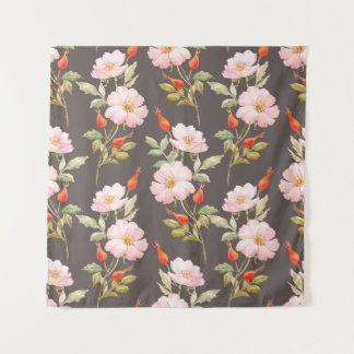 Tapete De Parede Watercolor floral pattern of dog rose and red berr