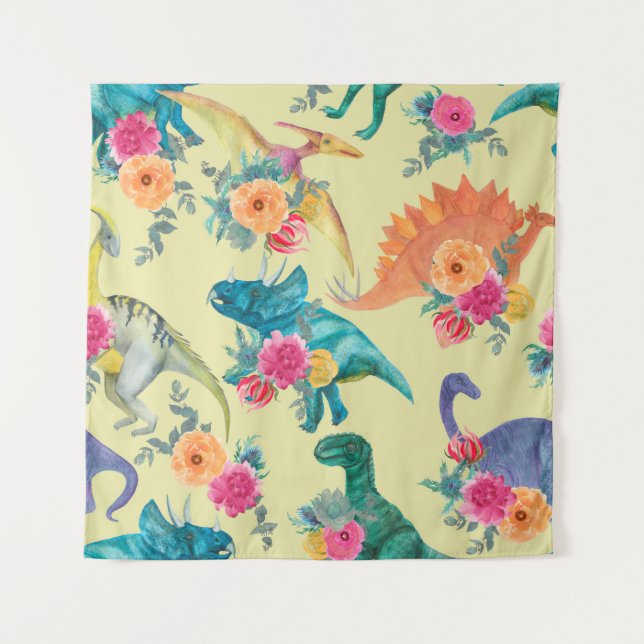 Tapete De Parede Watercolor painting dinosaurs pattern. Seamless ba (Frente)
