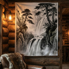 Tapete De Parede Waterfall Tapestry | Black & White Mountain Art