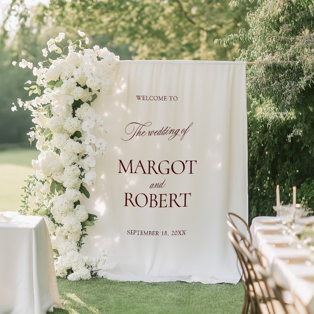 Tapete De Parede White & Burgundy Wedding Welcome Sign Banner (White & Burgundy Wedding Welcome Sign Banner Tapestry)